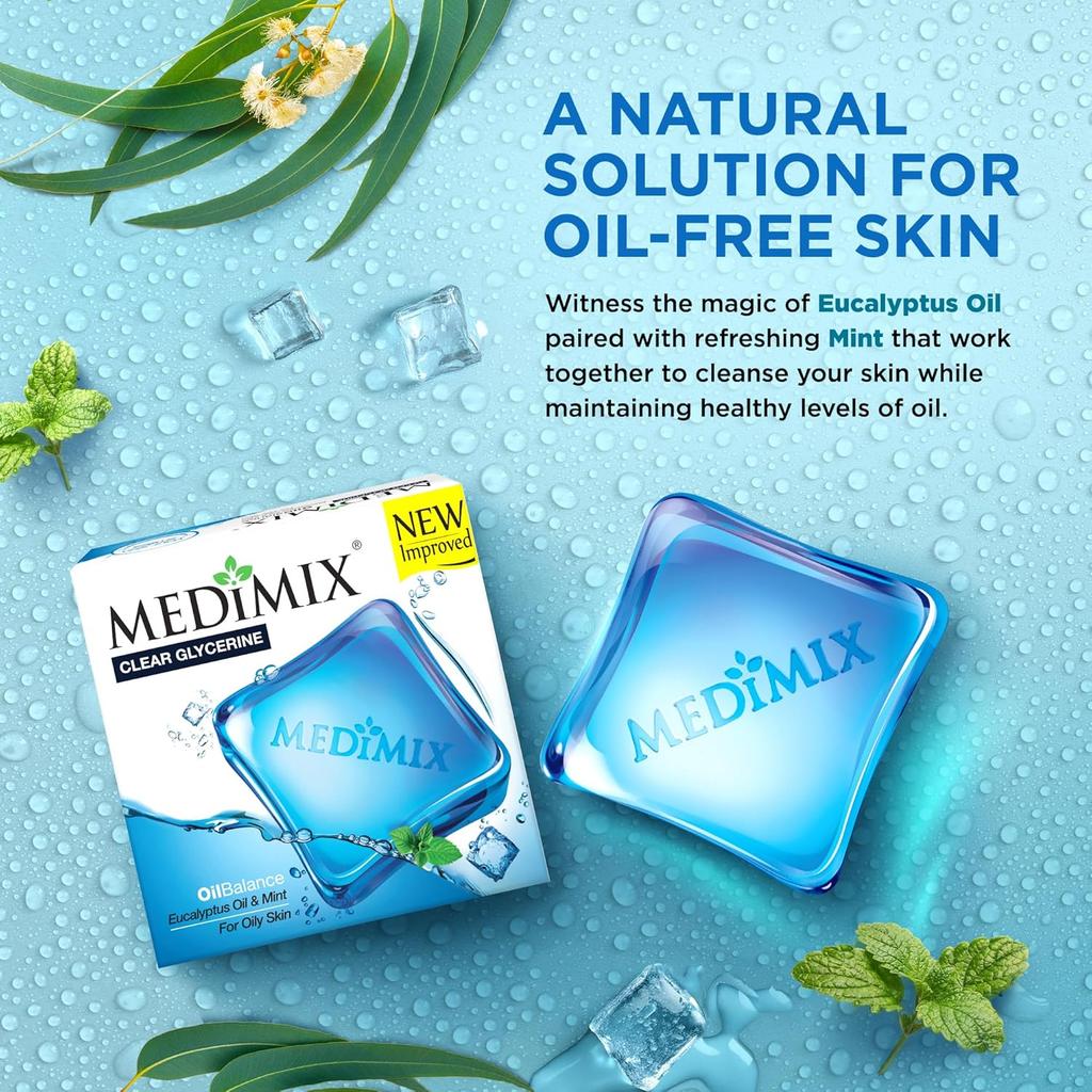 Medimix Clear Glycerine Oil Balance Bathing Bar Soap For Oily Skin 100g Pack Of 4 | Refreshing Cleansing Bar With Eucalyptus Oil & Mint