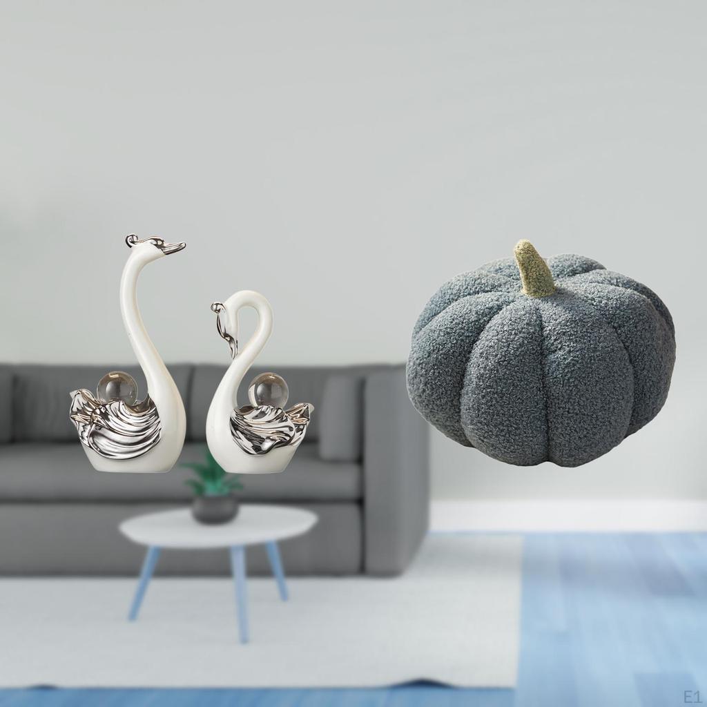 Porcelain Swan Figurine Collection And Pumpkin Pillow Decorative Animal Statue Ornament for Living