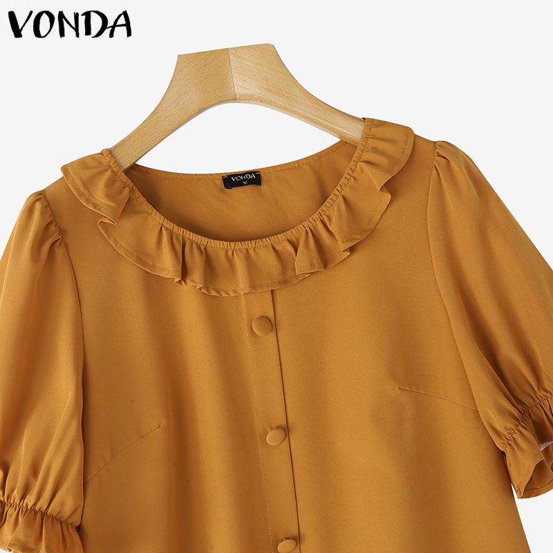VONDA Women Summer Ruffled Neck Puff Sleeve Solid Color Casual Cropped Blouse