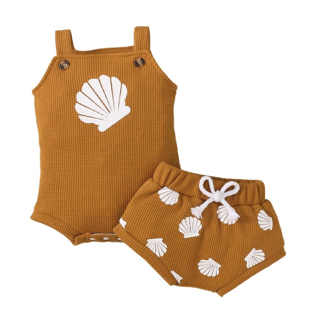 

Летняя одежда для новорожденных девочек, вафельный комбинезон без рукавов с принтом и короткие комплекты, комплект из двух предметов, жилет для младенцев, От 0 до 18 месяцев