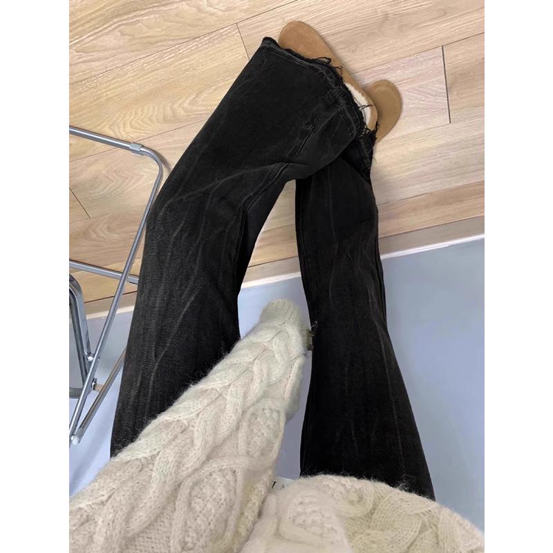 Women's Black-Gray High-Waisted Micro-Flared Jeans, 2024 Spring/Autumn - Slimming, Non-Clingy Horseshoe Fit