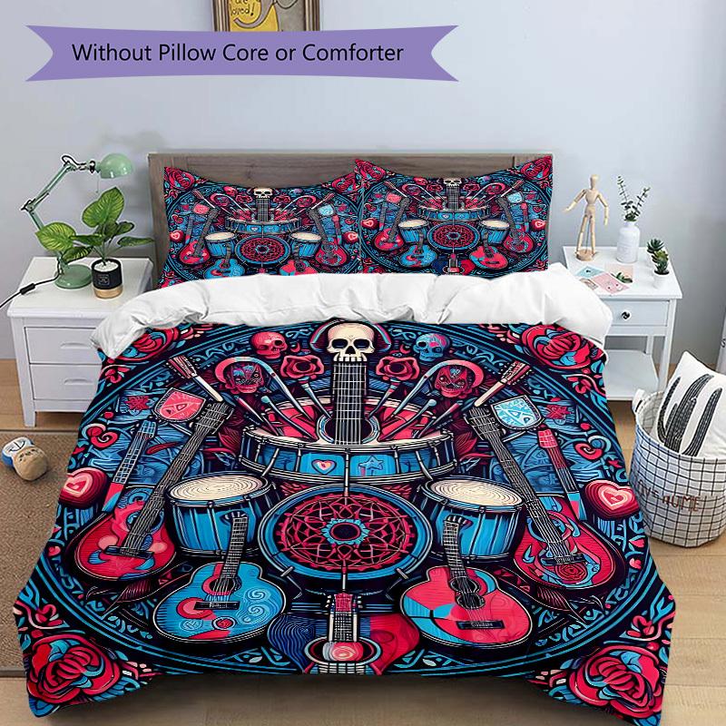 3pcs Guitars Roses Bedding Cover Set, Fashion Classic Popular Print Bedding Set, Soft Comfortable, All Season Use, For Bedroom, Guest Rooma0819128