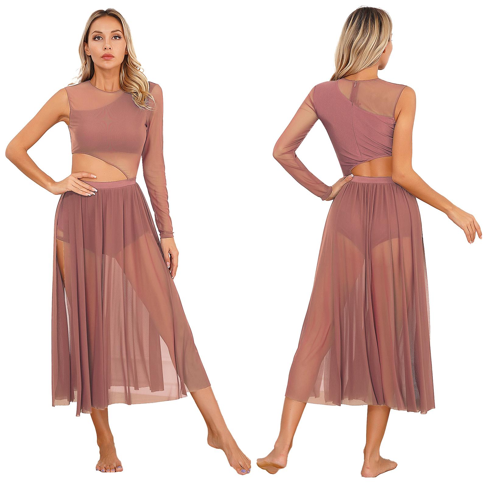 

Элегантное струящееся длинное макси-лирическое платье для современного танца, сетчатое платье-майка с длинными рукавами, костюм для современного танца M розовый