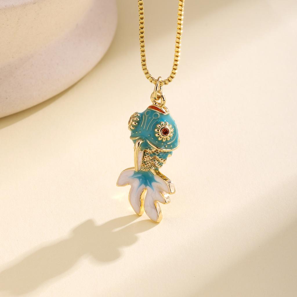 Nidin Cute Enamel Crystal Zircon Koi Fish Pendant Necklace Vintage Goldfish Chain Choker Lucky Animal Jewelry For Women Girls