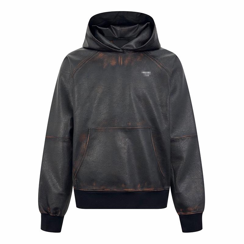 Men s Distressed Washed PU Leather Fur-Lined Hooded Winter Jacket 48