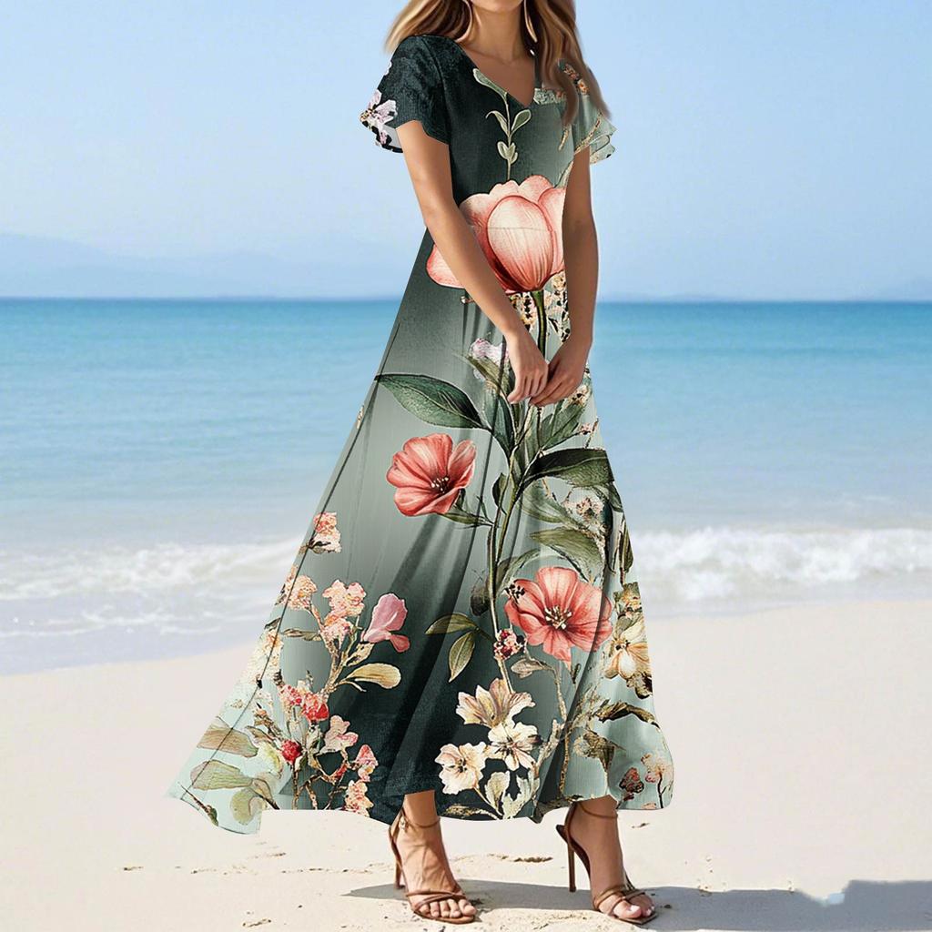 Women's Casual Fashion Print Long Dresses V-Neck Short Sleeve Dresses