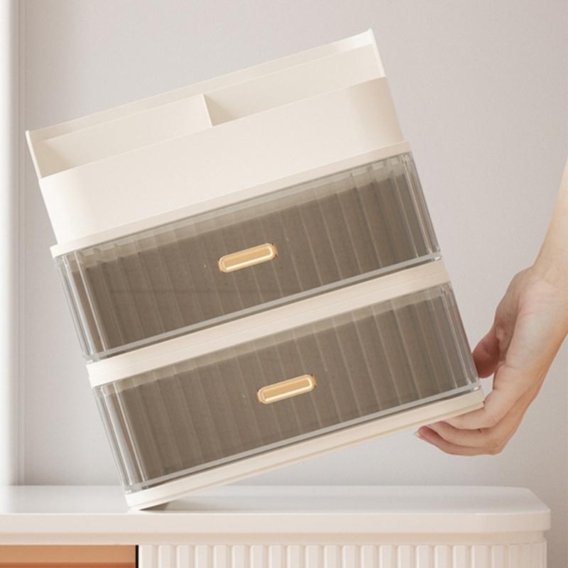 Multifunctional Desktop Cosmetics Organiser With Drawer Stacking Plastic Storage Trays For Beauty Tools School Supplies