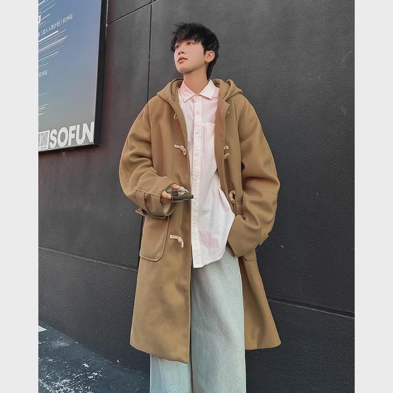 Pánský kabát z tlusté vlny v korejském stylu: Pohledný, Hřejivý, Špičkový, Volný, Ke kolenům pro Podzim/Zimu