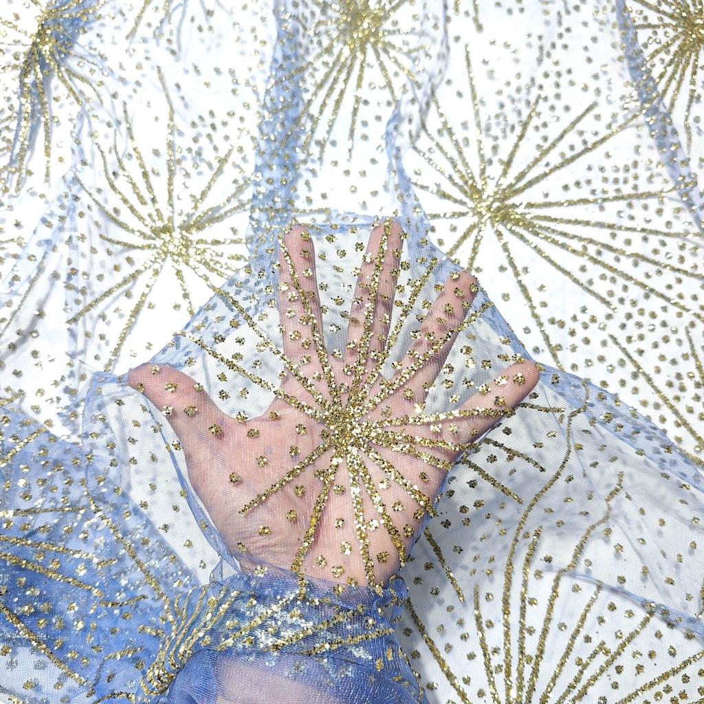 Firework Patterned Glitter Sequined Gold-embossed Fabric Suitable for Wedding Dresses Evening Gowns and Designer Clothing Fabric