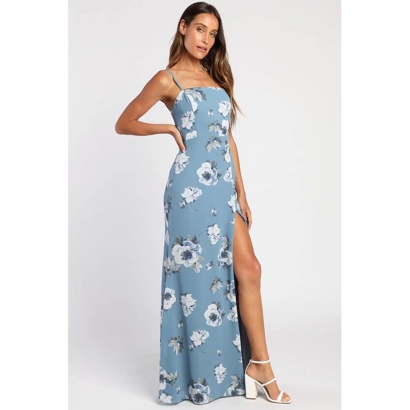 Foreign Trade Lu's Exquisite Print Square Collar Niche Design Open Collarbone Sling Backless Sexy Vacation Beautiful Dress