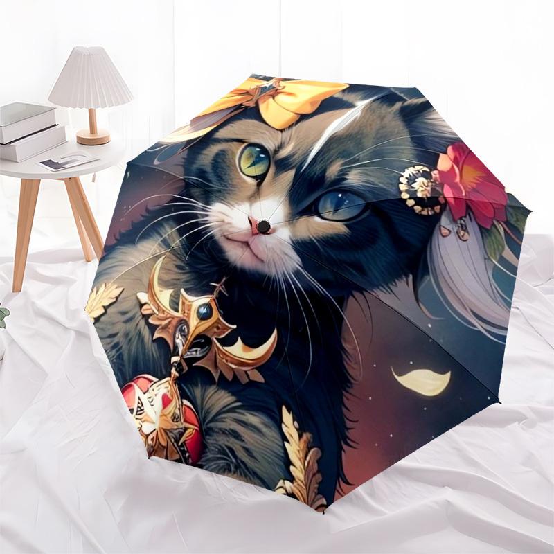 1pc Fantasy Cat Armor Floral Umbrella with Plastic Handle,Suitable for All Seasons Home Travel Outdoor UmbrellaDD100