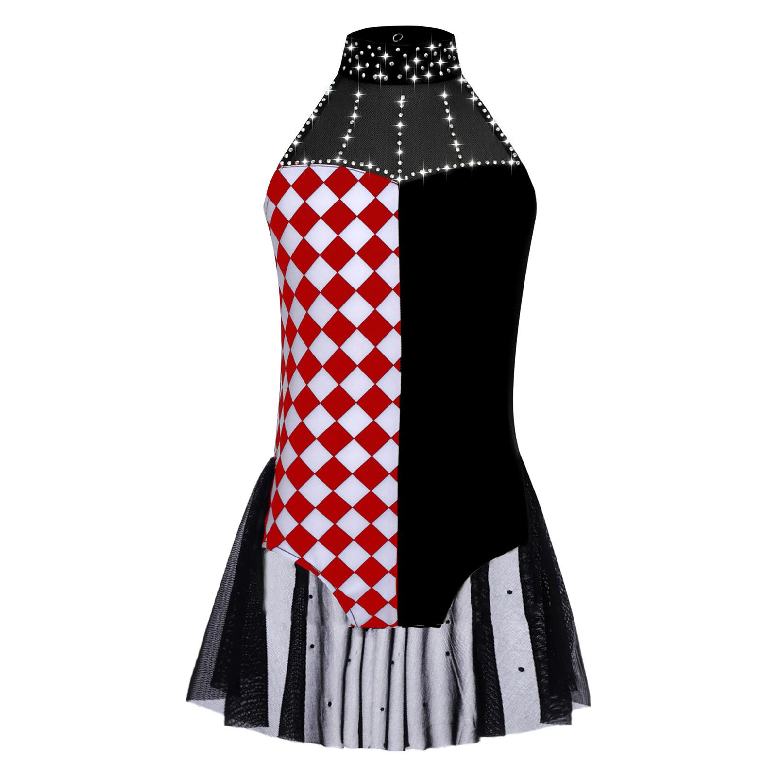 

Костюм клоуна для дівчинки Кольоровий блок Печворк Декоративний страз Леотар Халтер Без рукавів Відкрита спина Талія Сітчаста накладка Комбінезон 5-6 Years чорний