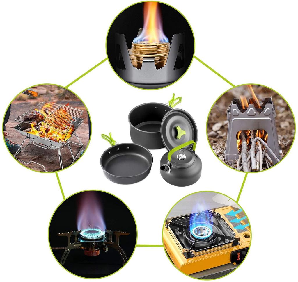 Portable Outdoor Cookware Set for 2-3 People with Teapot - Hard Anodized Aluminum, New Product
