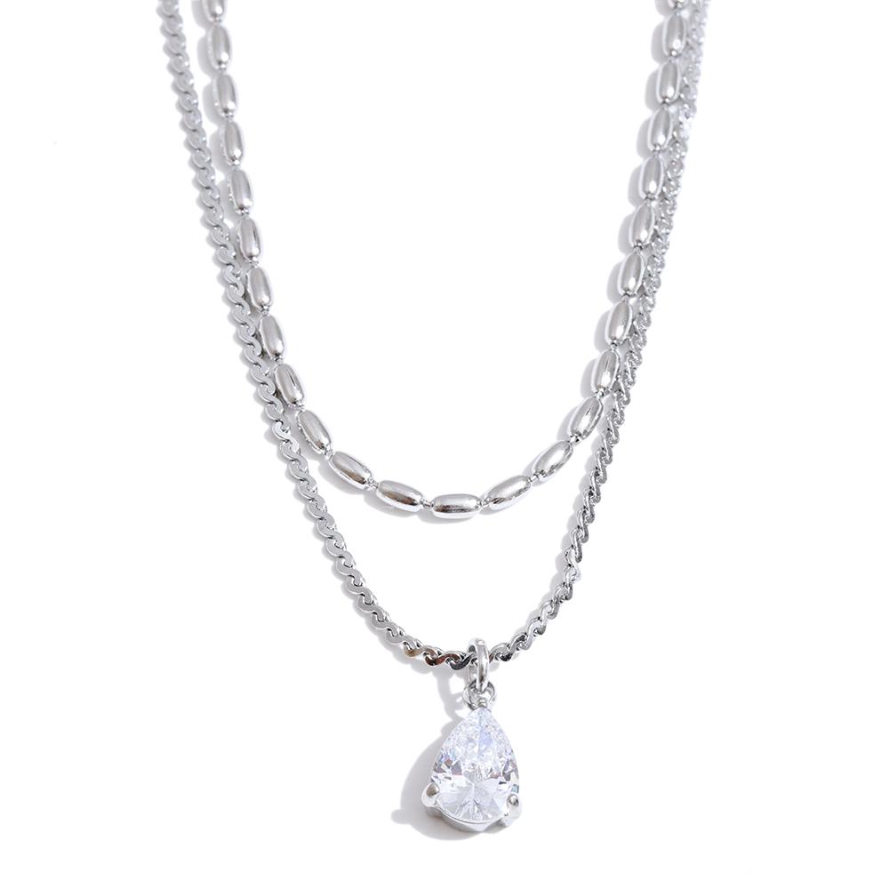 

Yhpup New Stainless Steel Double Layer Pendant Necklace Exquisite 2025 Zircon Water Drop Chic Stacking Korean Fashion Jewelry