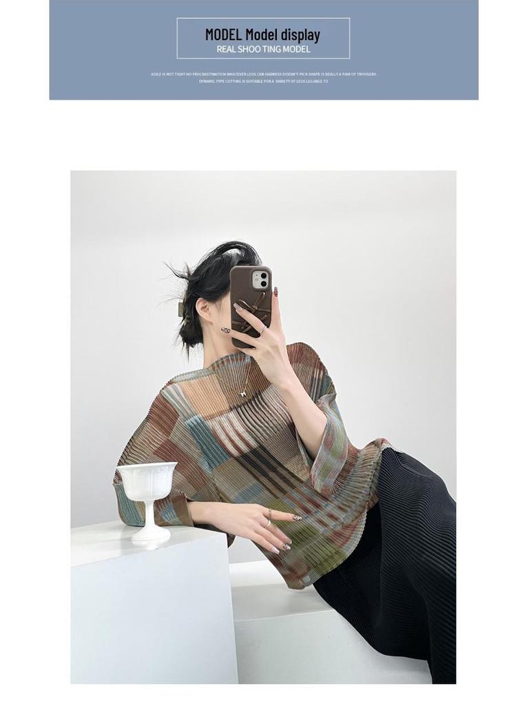 Miyake Pleats Akordeonový Top - Retro Color Block 7-rukávový Ležérní Krycí