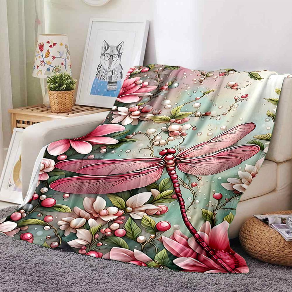 

1pc Dragonfly, Flowers Flannel Blanket Soft Cozy All-Season Throw for Bedroom, Sofa, Camping, Travel, Home Decor1098 80cmx120cm(31inx47in)