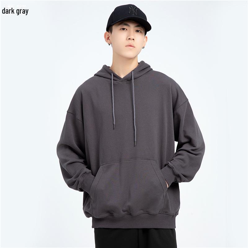 Men's Trendy Oversized Terry Hoodie - Solid Color, Drop Shoulder, Hong Kong Style Logo.