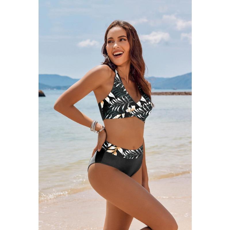 Women's Abstract Print Halter Cross Front High Waisted Two-Piece Bikini Swimsuit