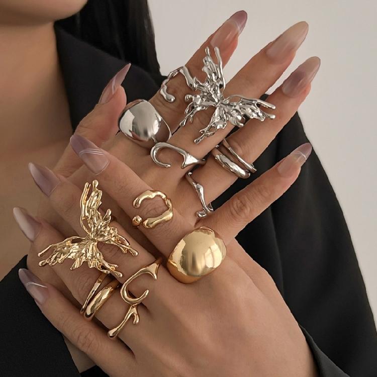 7pcs Fashionable Liquid Lavas Butterfly Rings Set Versatile Elegant Styles Jewelry Decoration for Various Occasions