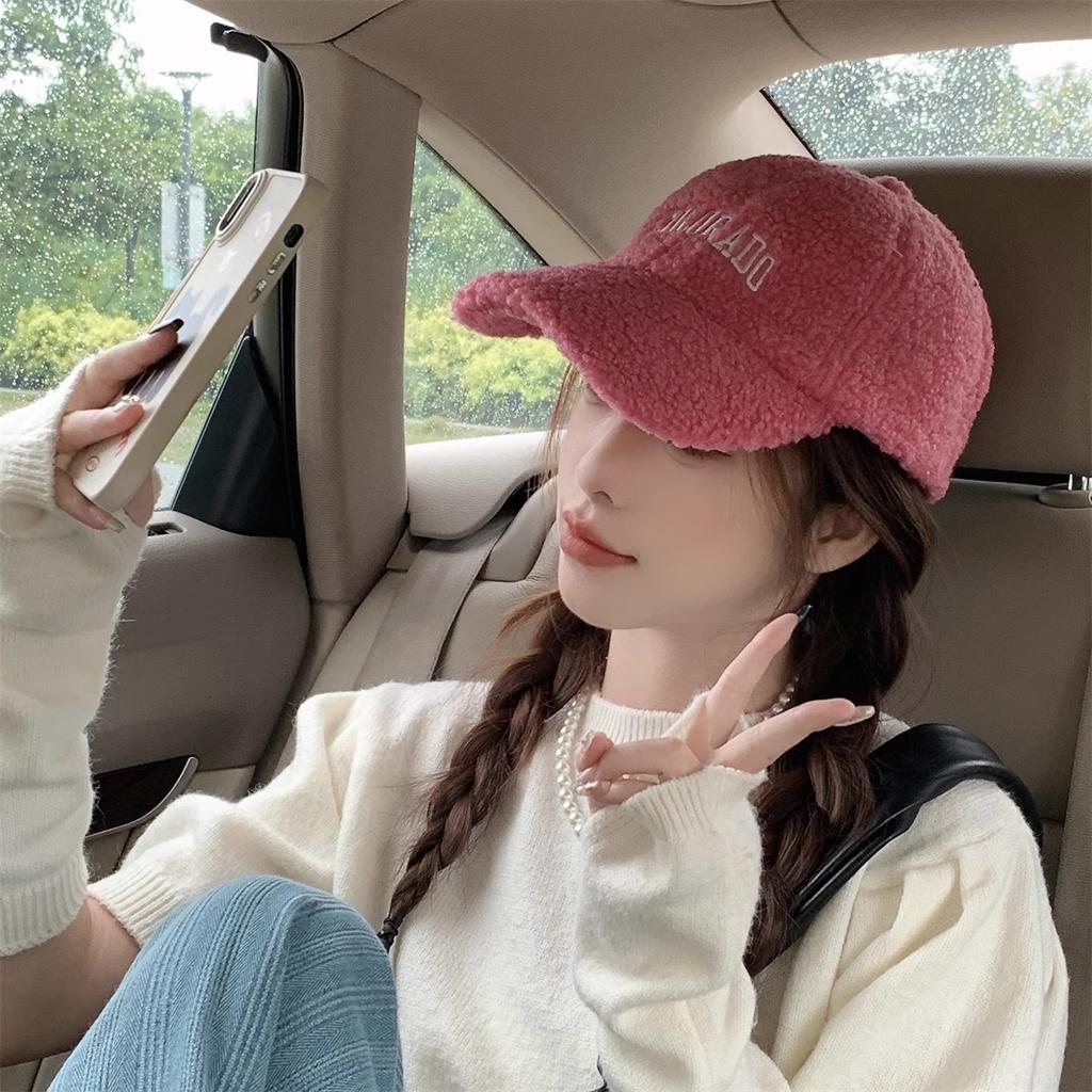 Lamb plush baseball cap women's autumn and winter tide wide brim versatile windproof warm letter embroidered cap