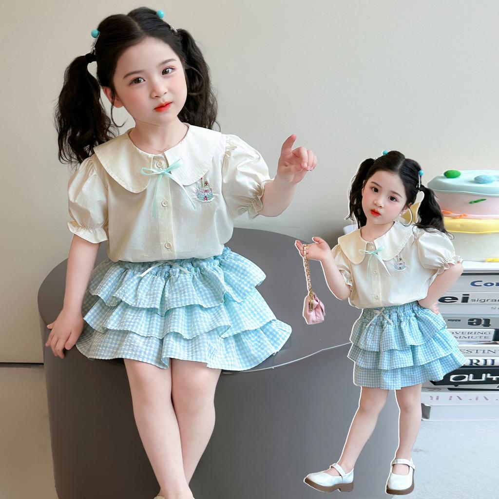Girls' summer short sleeved set 2026 new baby shirt cake skirt two-piece set children's summer stylish clothes