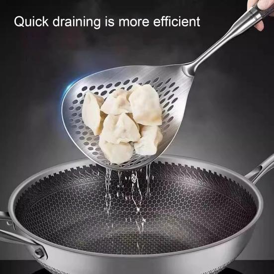 Large Colander Ergonomic Wooden Handle Large Capacity Quick Drain Triangular Holes Stainless Steel 304 Food Grade Large Slotted Spoon