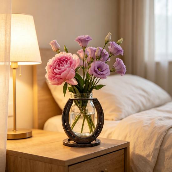 Creative Home Office Ornament Horseshoe Shaped Flower Vase, Rustic Metal Frame with Small Vase for Indoor Plants Clear Glass Jar, Western Farmhouse