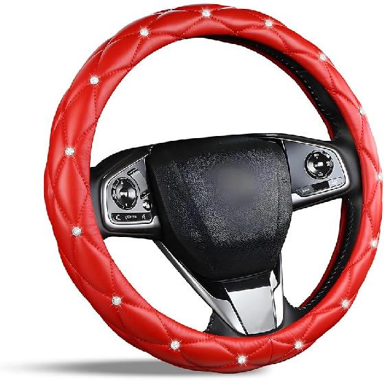 Cute Sparkly Black Car Steering Wheel Cover, Soft Breathable Anti-Slip PU Leather Steering Wheels Covers With Diamond Bling Rhinestone,Universal