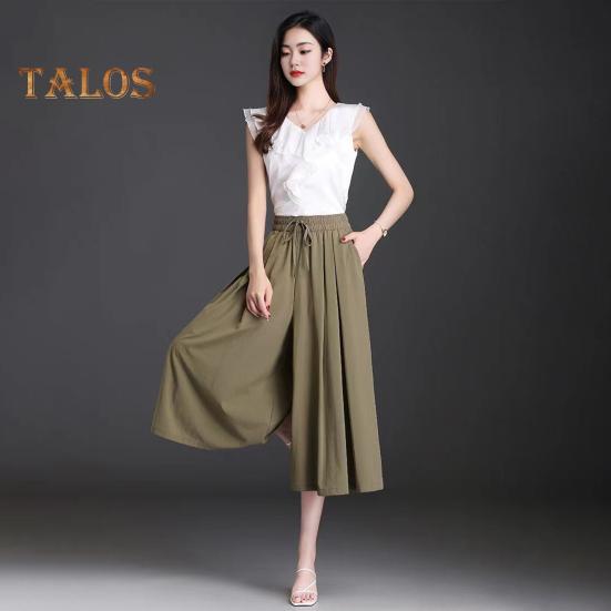 Women Cropped Pants Elastic High Waist Adjustable Drawstring Culottes Solid Color Wide Leg Casual Pants Daily Wear