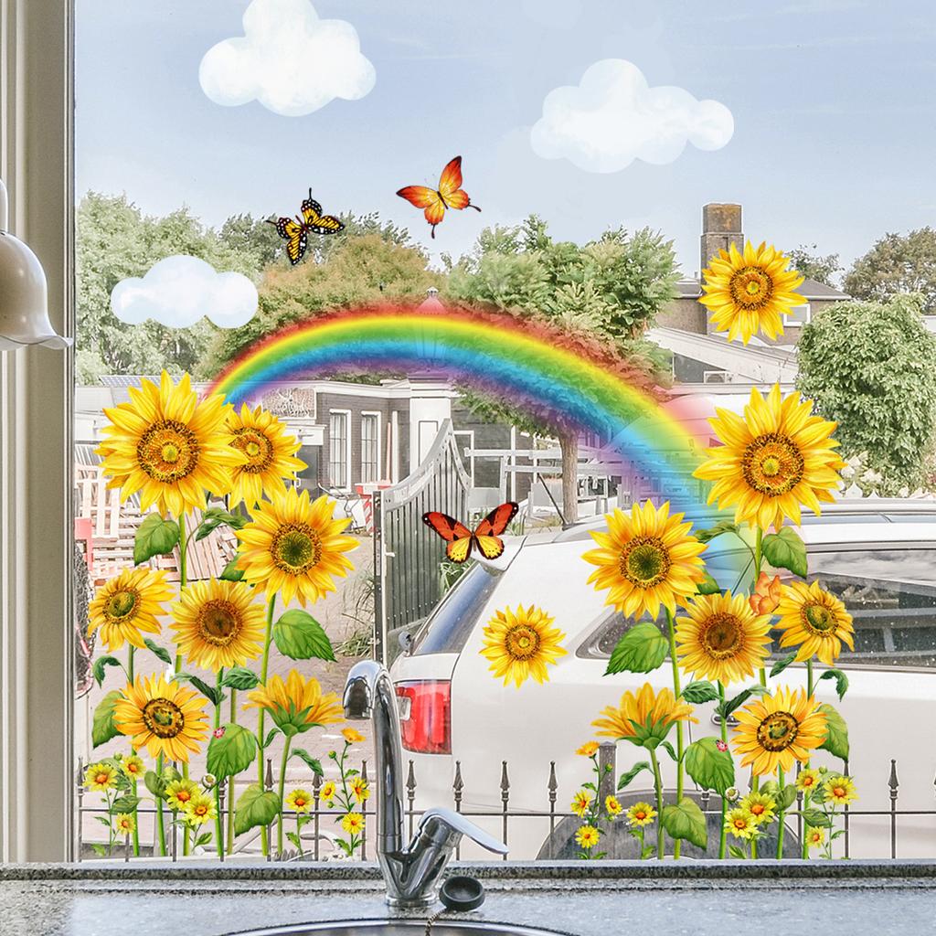 Ct6106 Sunflower Rainbow Butterfly Window Sticker Home Window Glass Double Sided Printing Visual Sticker Wall Sticker