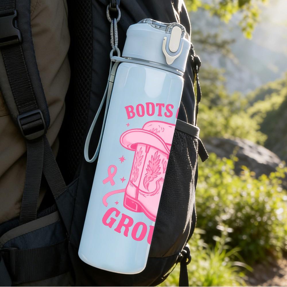1PC Boots On The Ground Pink Ribbon 750ml Color Plastic Sports Water Bottle Leakproof Flip Straw Lid Suitable for Sports Office Home Use
