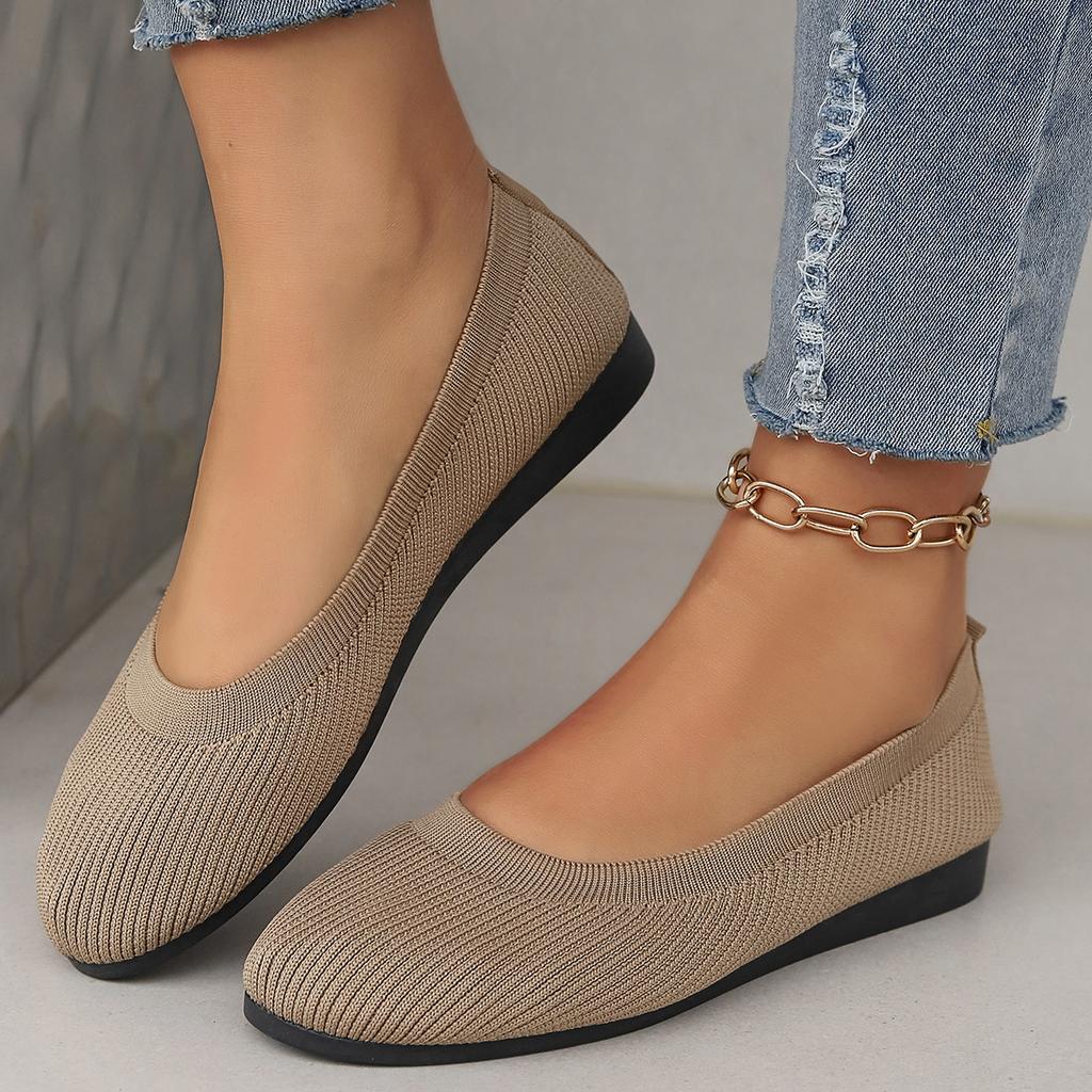Women Round Toe Flat Shoes Solid Color Knitted Slip On Shoes Casual Breathable Ballet Flats Sneakers Women Mesh Flat Loafers