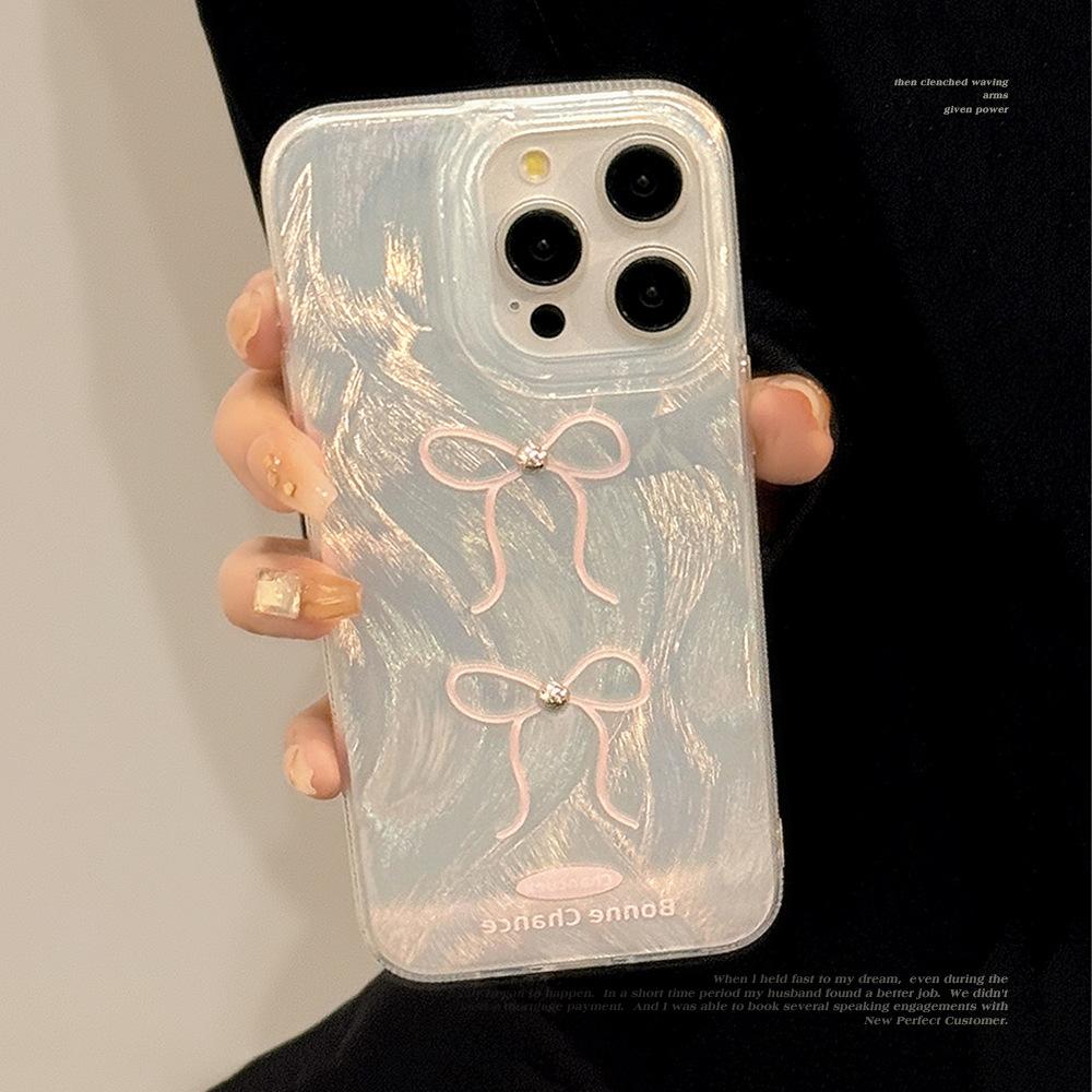 Three Dimensional Silver Pearl Powder Bow Mobile Phone Case Suitable for Apple 15promax Feather Iphone16 Anti Fall 12 Hard 14