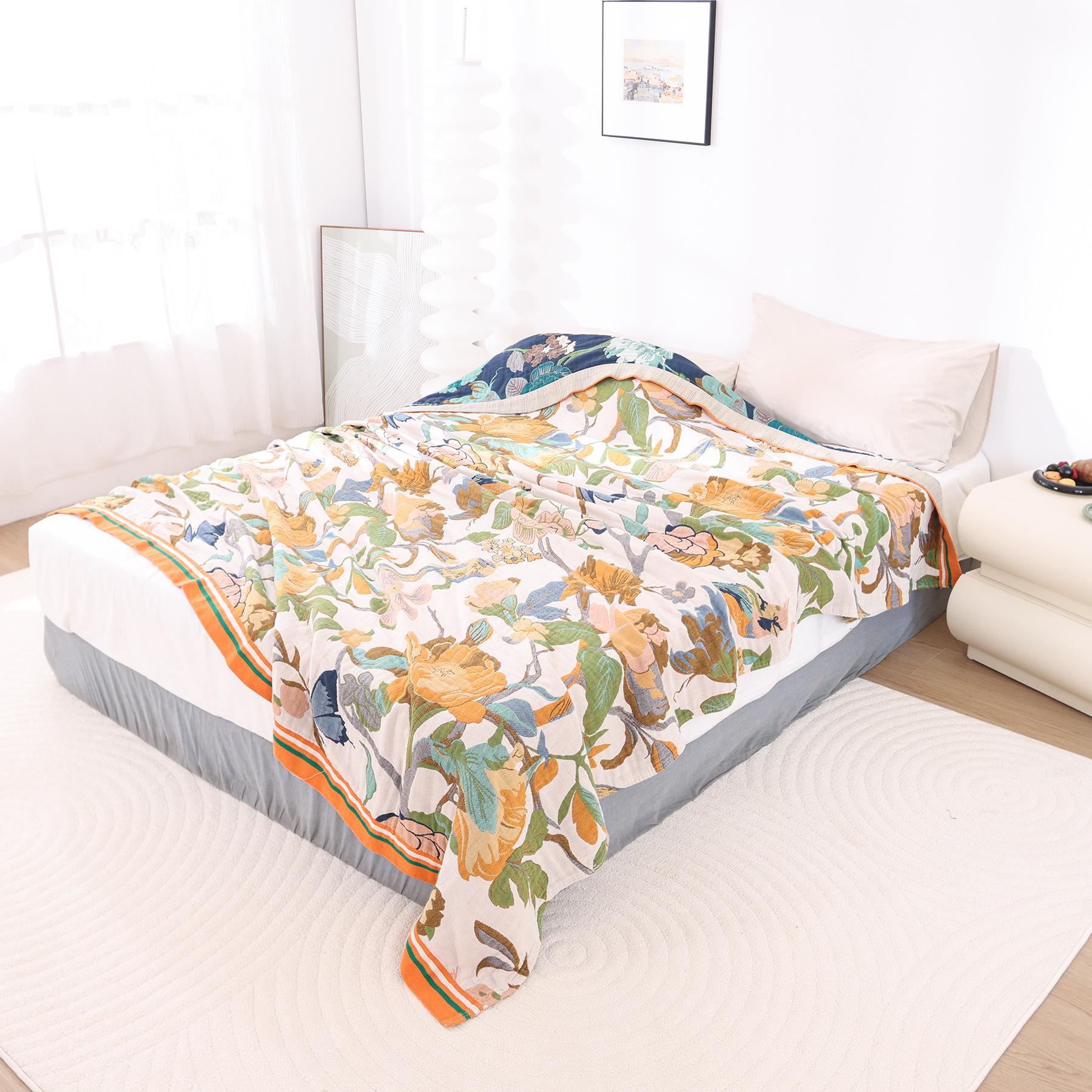 Blumen-Vogel-Baumwoll-Handtuchdecke, Tagesdecke für Bett, Sofa, Picknick, Reisen, Garngefärbter Jacquard, Maschinenwaschbar, 17 Stilrichtungen 150x200cm