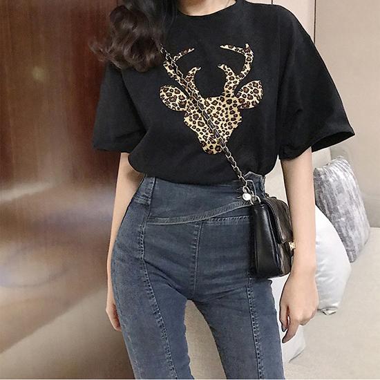 

Футболка с короткими рукавами, женская летняя корейская леопардовая футболка с круглым вырезом, свободный топ, модная женская одежда M чёрный