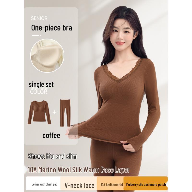 10A Antibacterial Women's Cashmere Silk Underwear Set with Chest Pads - Fleece-Lined, Autumn/Winter, Slimming Base Layer