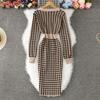 Autunno Inverno Donna Elegante Scollo a V Pied de poule Maglione Lavorato a Maglia Ufficio Festa Slim Aderente Tubino Abiti