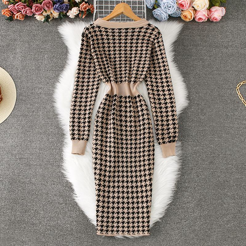 Autunno Inverno Donna Elegante Scollo a V Pied de poule Maglione Lavorato a Maglia Ufficio Festa Slim Aderente Tubino Abiti