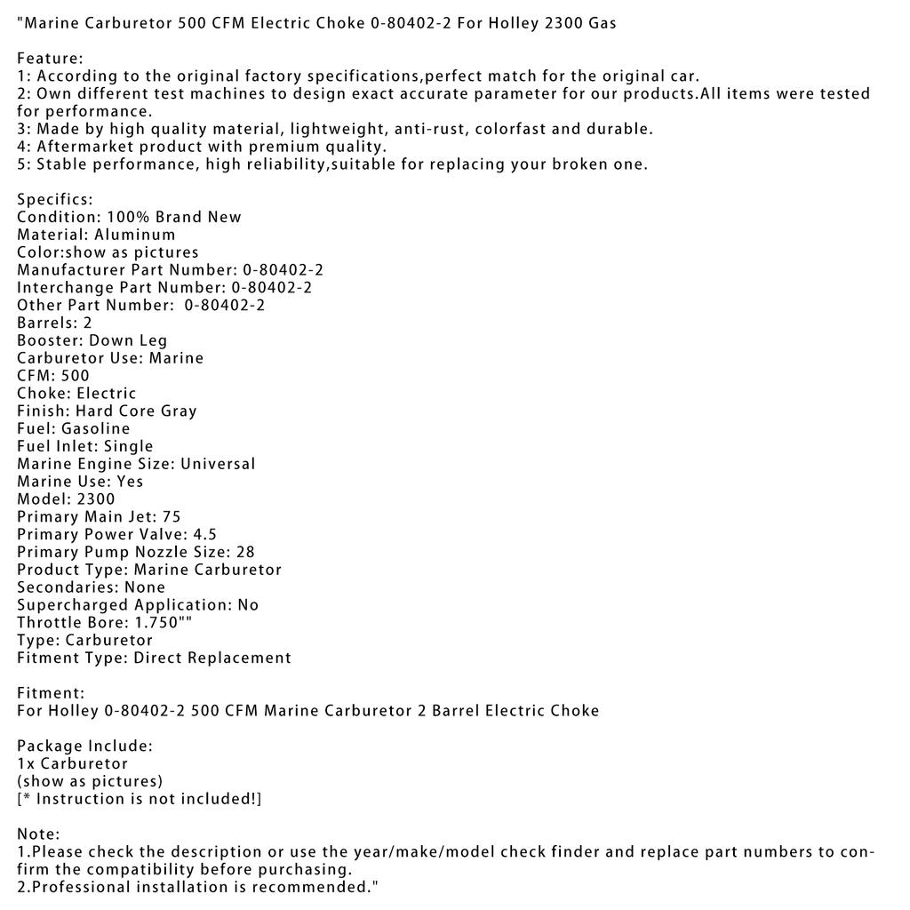 Marine Carburetor 500 CFM Electric Choke 0-80402-2 For Holley 2300 Gas