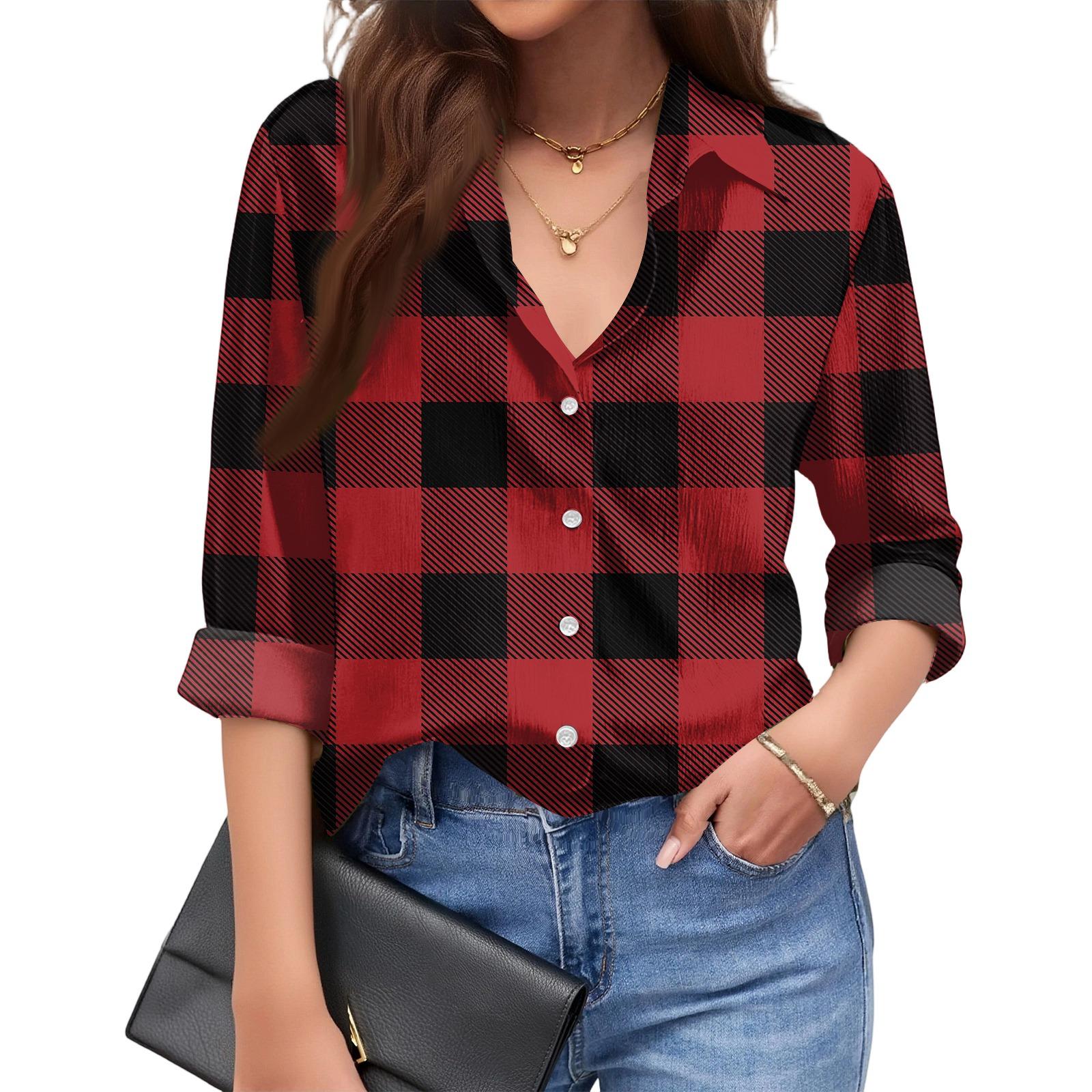 

Women s Fashionable Casual Loose Plaid Long,sleeved Shirt XL винний