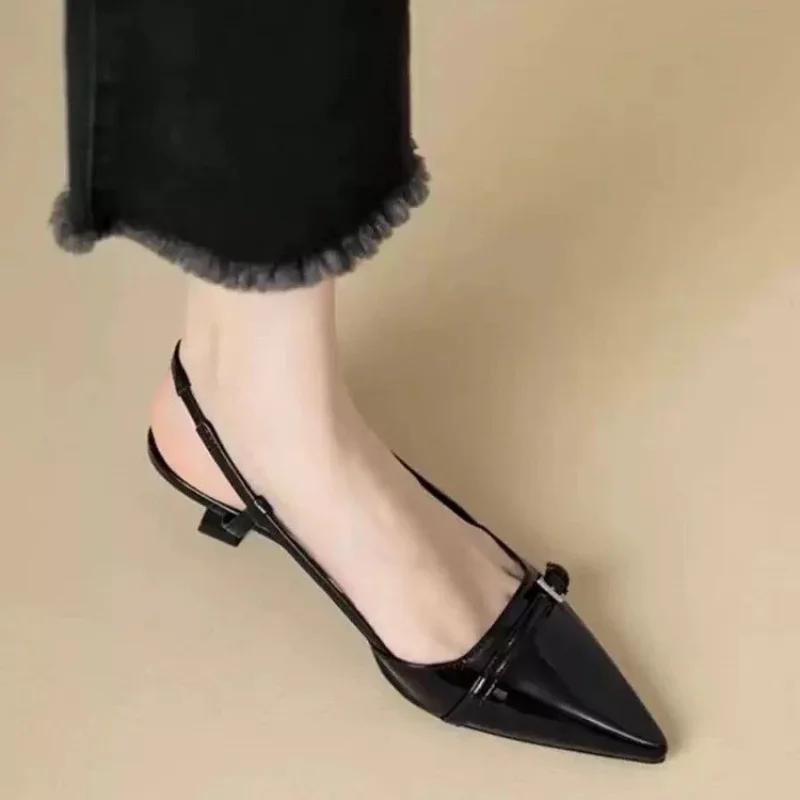 Fashion Summer Women's Dress Shoes Patent Leather Slip On Pointed Toe Sandals Buckle Slingbacks Mid Heels Pumps Sandalias Mujer2025