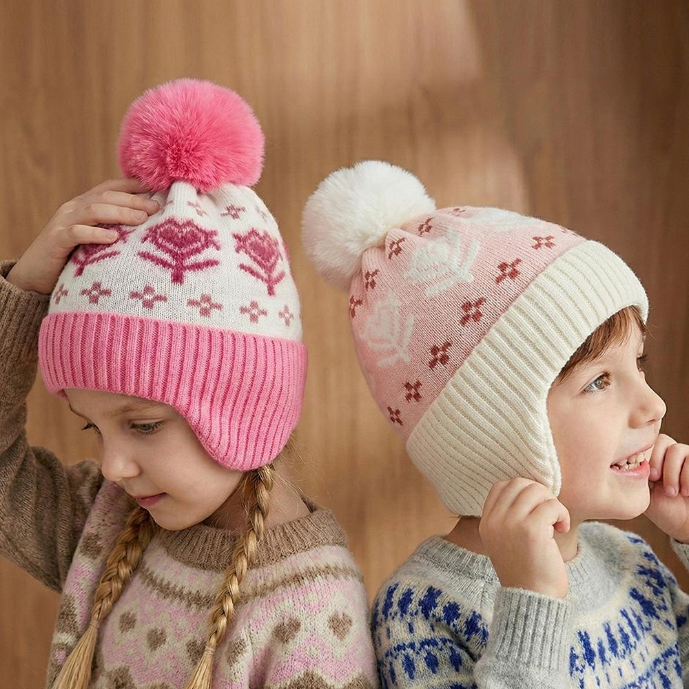 Winter children's fleece hat jacquard flower wool hat girls warm knitted ear protection hat men