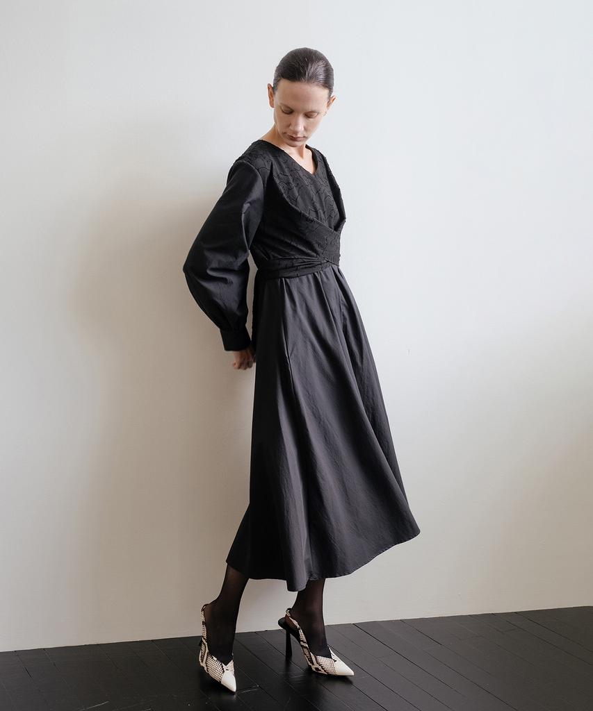 Unis Black Jacquard Tie-Waisted Dress
