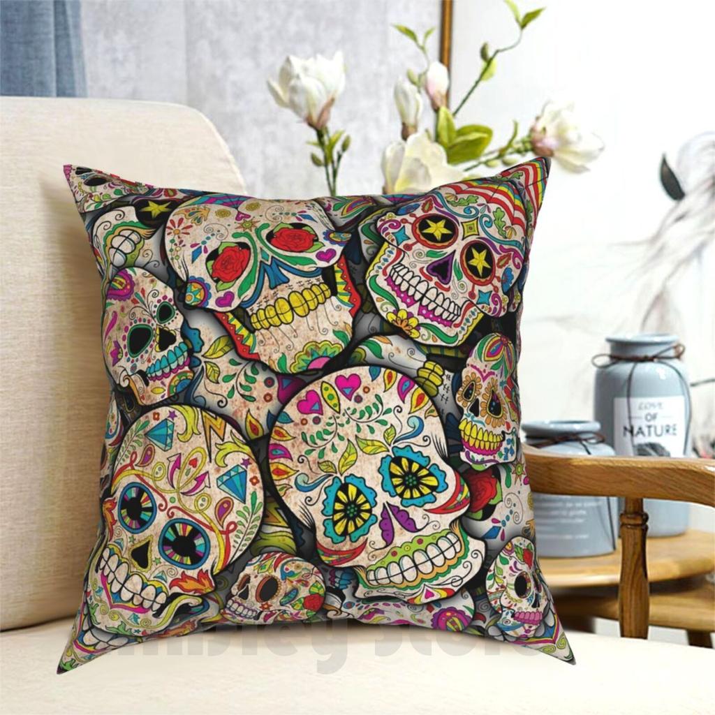 Sugar Skull Collage Pillow Case Printed Home Soft DIY Pillow Cover Sugar Skulls Halloween Day Of The Dead Skulls Style
