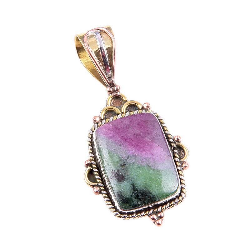 Ruby In Zoisite Lab-Created 925 Sterling Silver Gift Two Tone Pendant 1.5" C8v59