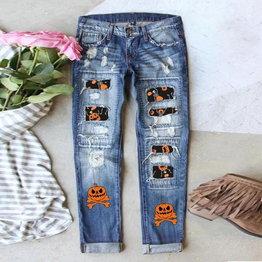 Women's Mid Rise Straight Leg Distressed Halloween Pumpkin Ghost Patch Print Long Denim Pants Summer Street Jeans