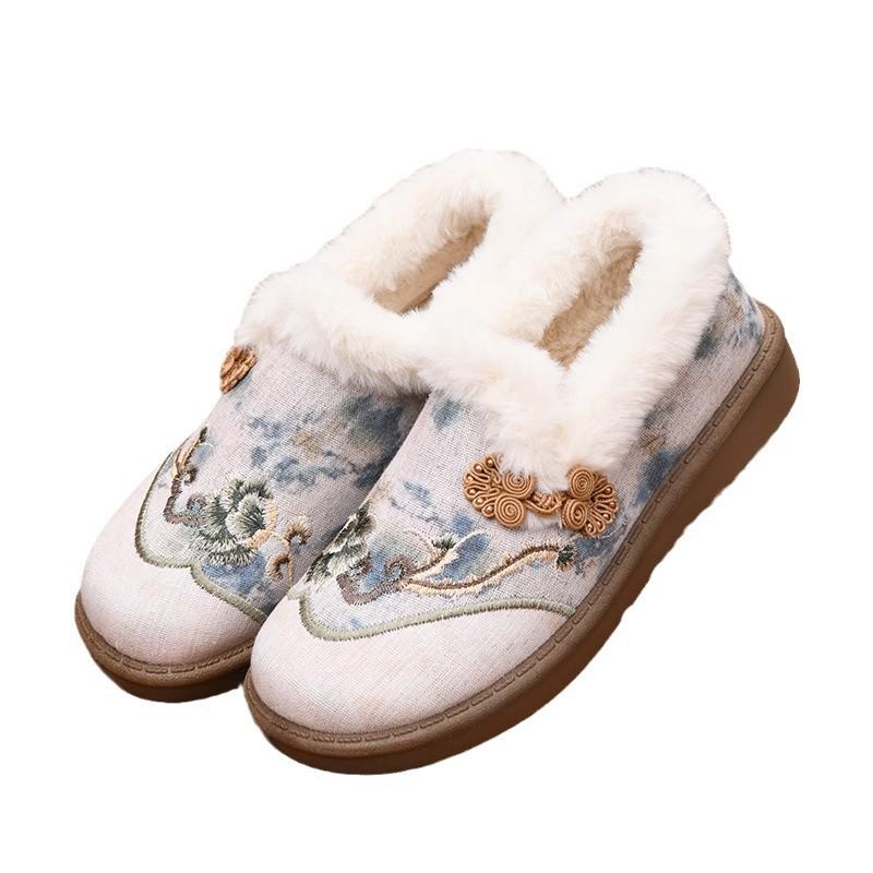 Winter Fur Lined Loafers for Women Fuzzy Platform Embroidered Loafers Shoes Women's Chunky Warm Plush Comfortable Non-Slip Round Toe Loafer Slippers