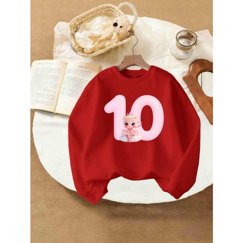 Kids Girls Crewneck Sweatshirt, Pink Balloon Number 10 Ballet Princess Coffee Cup Cartoon Print Bright Red Soft Fleece Pullover For 10th Birthday