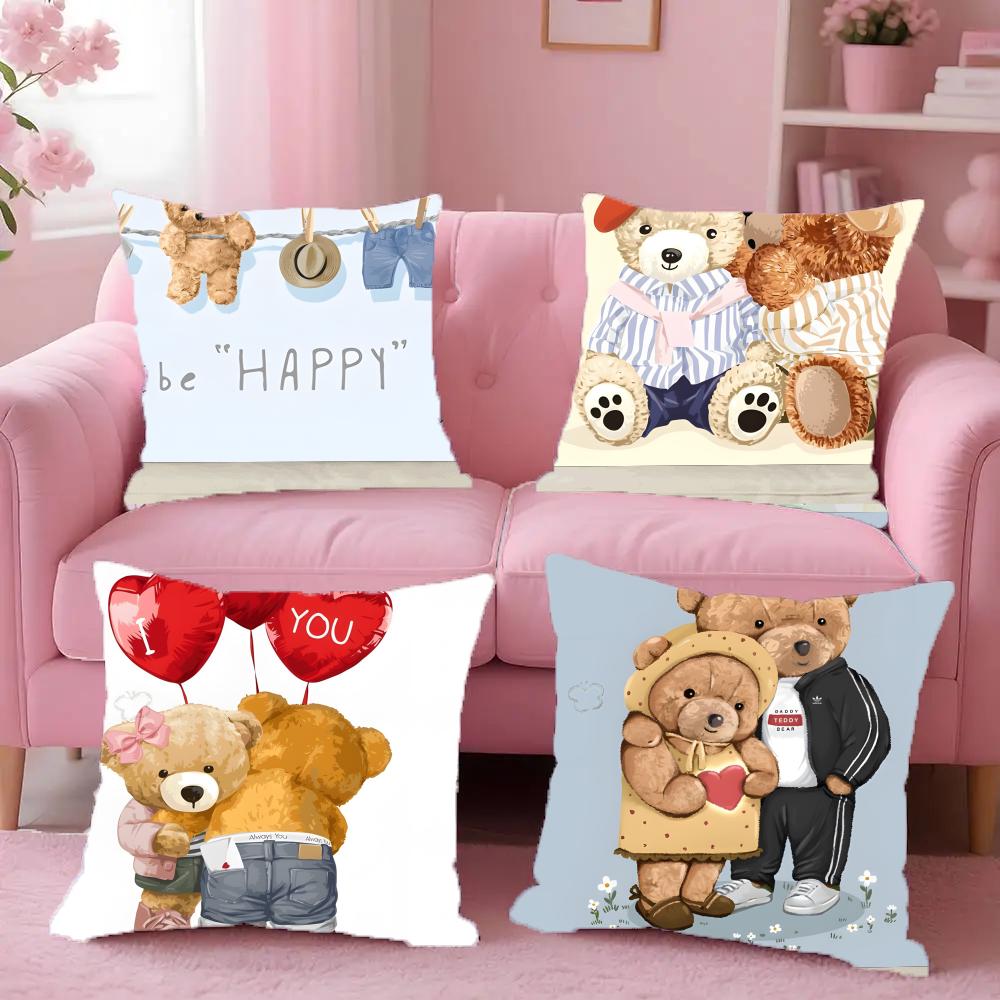 Friendship Companionship Teddy Bear Pillow Case Anti-Dustmite Pillowcase Invisible Zipper Silky Short Plush Sofa Cushion Cover