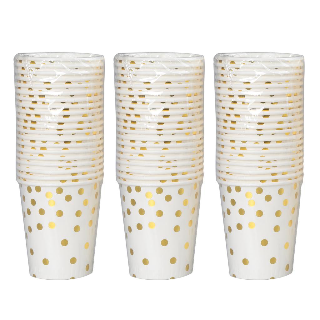 60pcs 9oz Paper Cups + 60pcs 7-inch Plates + 60pcs 9-inch Plates Set of 180pcs Disposable Drinkware & Dishware with Golden Polka